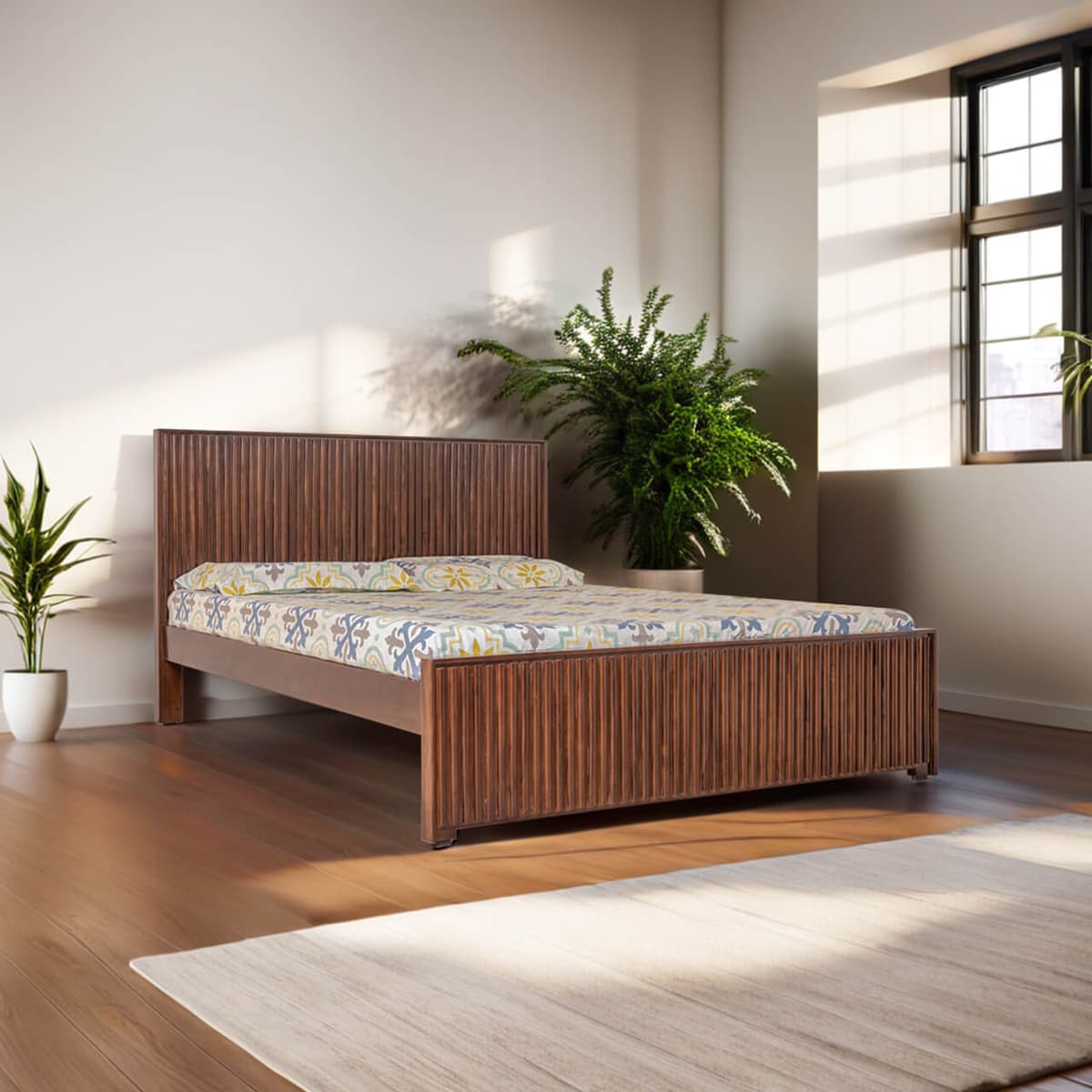 Flute Natural Teak Wood Cot