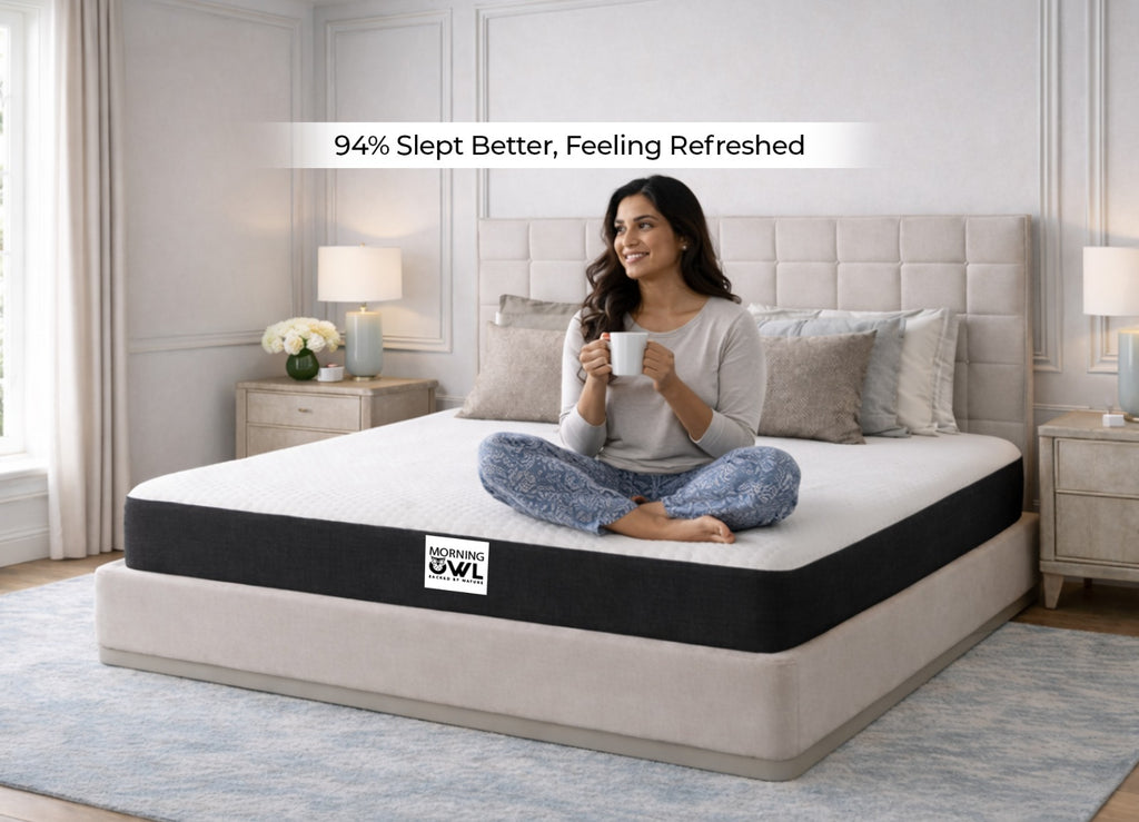  Morning Owl 7 Zone Organic Latex Mattress – 94% Slept Better Feeling Refreshed – Woman Sitting on Mattress with Coffee in Bedroom
