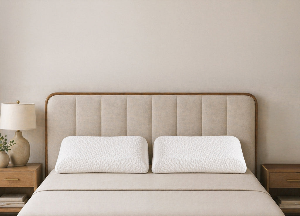 Morning Owl Contour Natural Latex Pillow – Two Pillows on Bed in Bedroom Lifestyle Photo – Best Orthopedic Pillow India