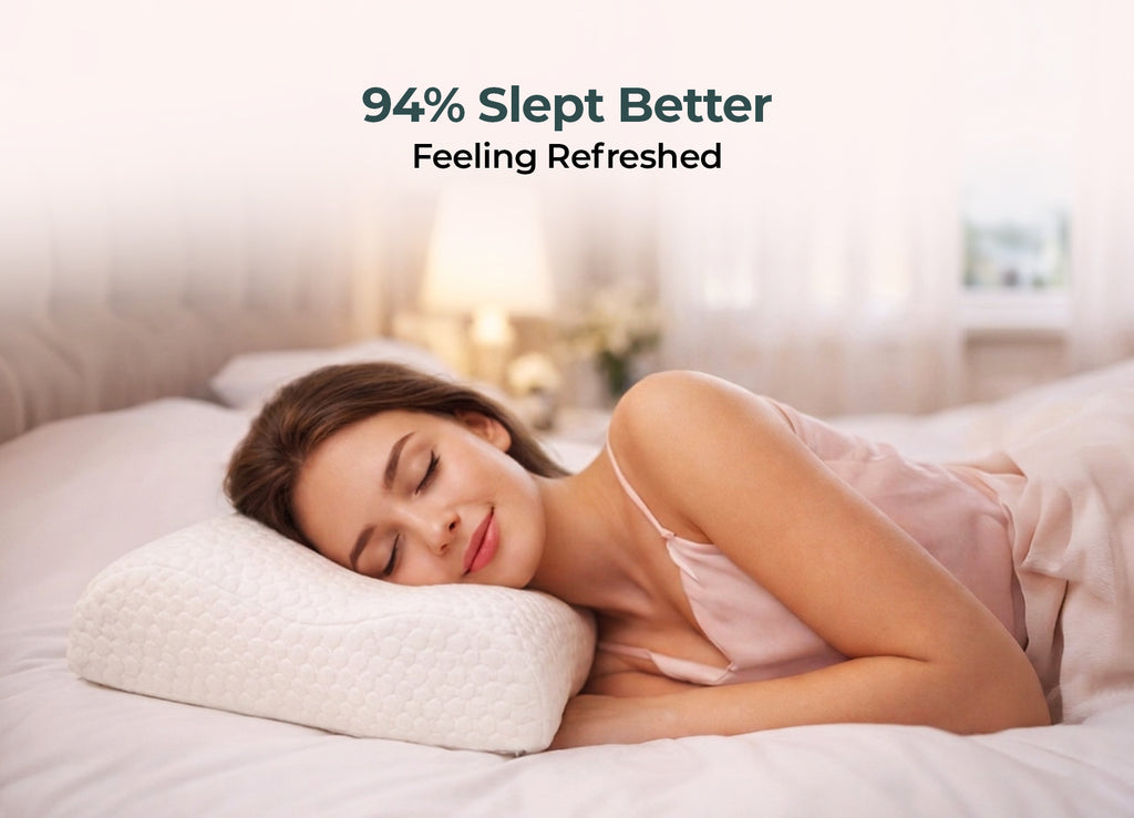 Morning Owl Contour Natural Latex Pillow – 94% Slept Better Feeling Refreshed – Woman Sleeping Comfortably on Contour Pillow