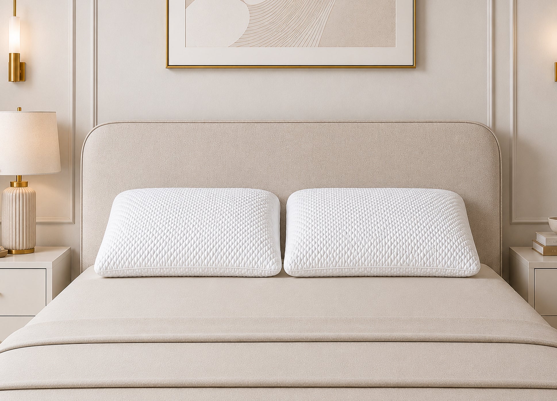 Morning Owl Shredded Natural Latex Pillow – Two Pillows on Bed in Luxury Bedroom – Best Adjustable Natural Pillow India