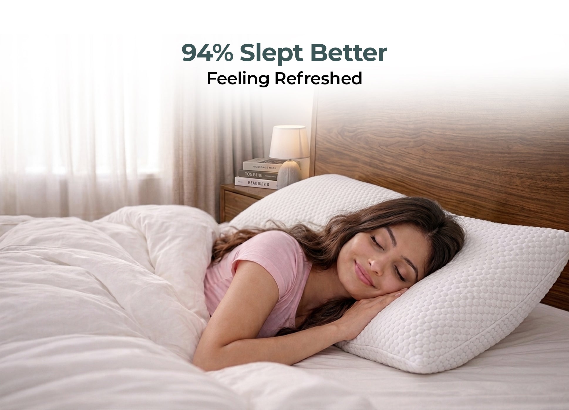 Morning Owl Shredded Natural Latex Pillow – 94% Slept Better Feeling Refreshed – Woman Sleeping Comfortably in Bedroom