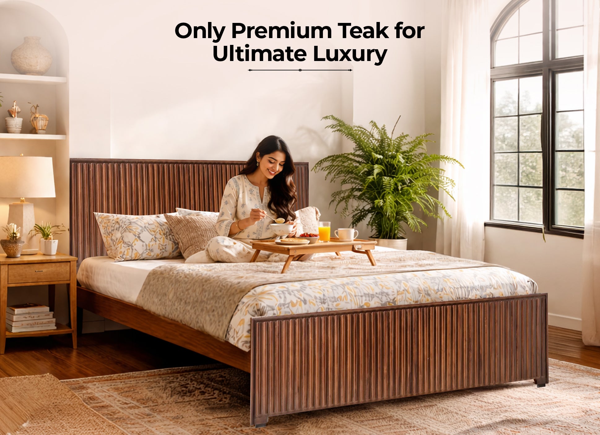 Flute Natural Teak Wood Cot