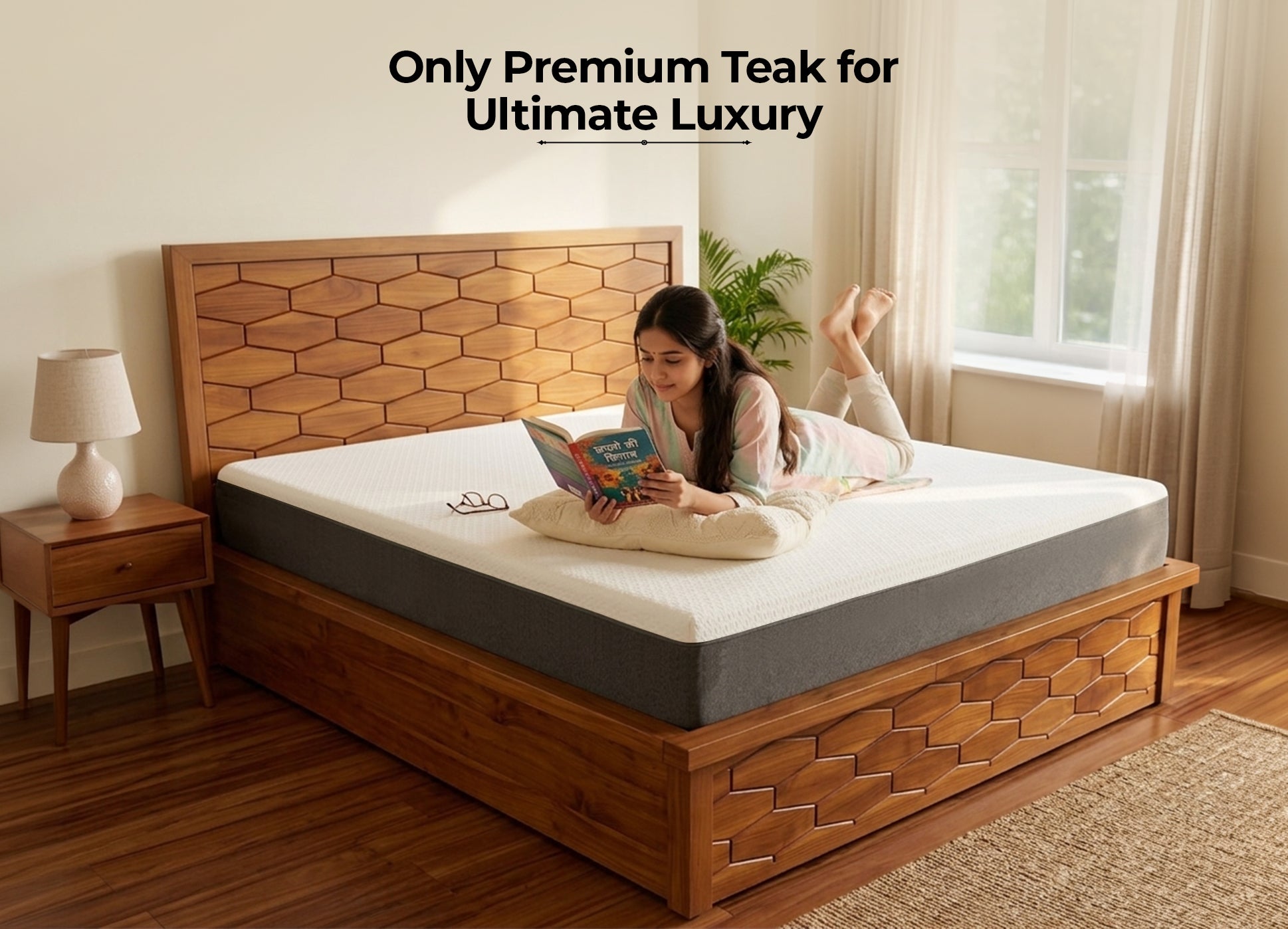 Hexa Hydraulic Natural Teak Wood Cot