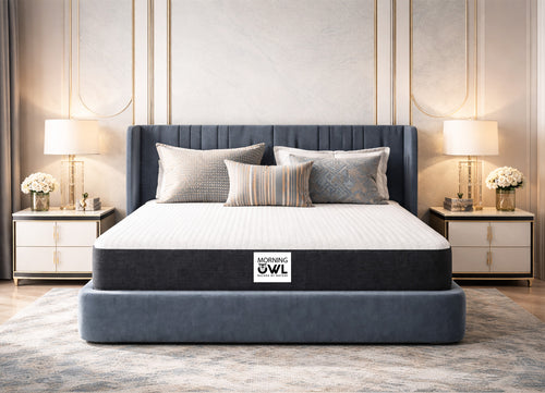 Morning Owl Coco Hybrid Latex Mattress in luxury bedroom setting with premium upholstered bed frame and gold accents