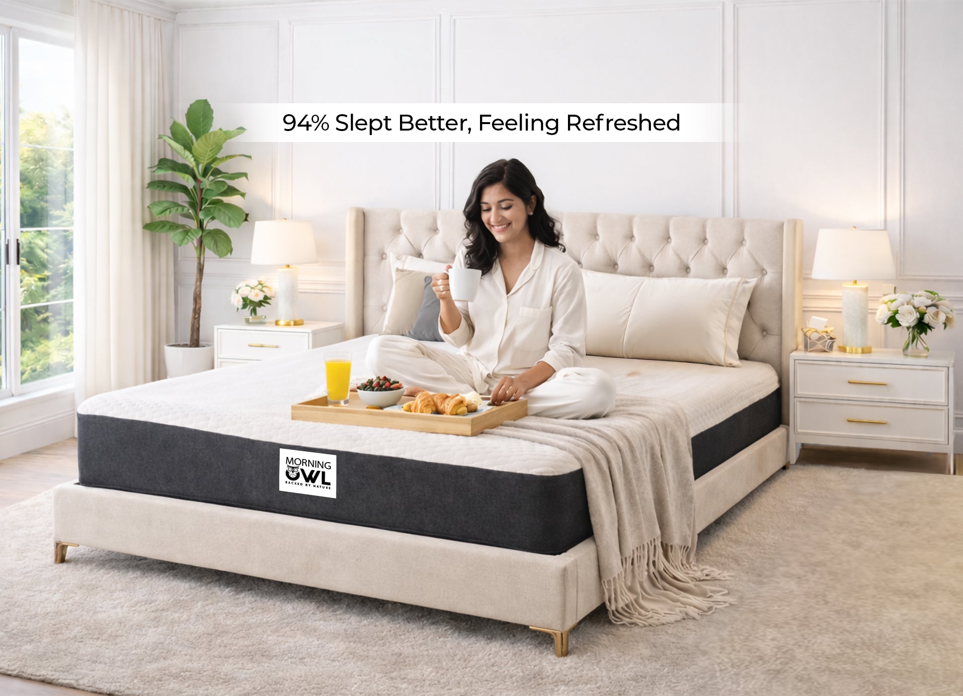 Woman Sitting on Morning Owl Medium Firm Natural Latex Mattress – Best Mattress for Back Pain India