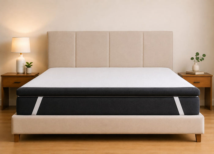 Morning Owl Natural Latex Mattress Topper on bed in neutral bedroom setting for comfort support and better sleep