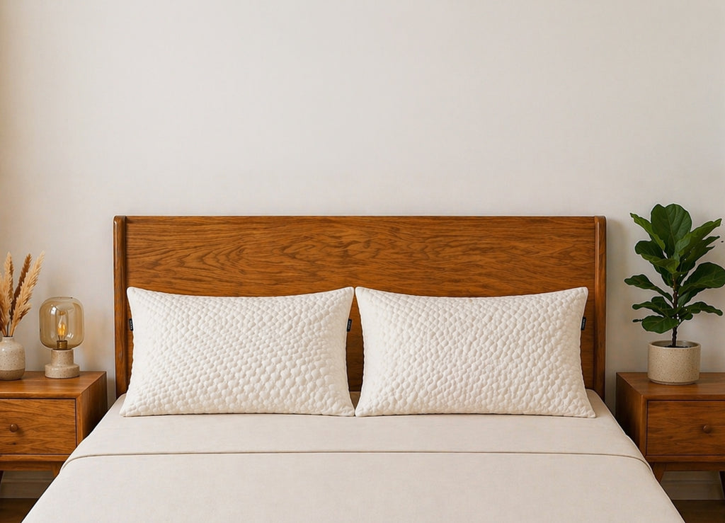 Shredded Natural Latex Pillow Set on Bed – Morning Owl | Soft & Adjustable Latex Pillow India