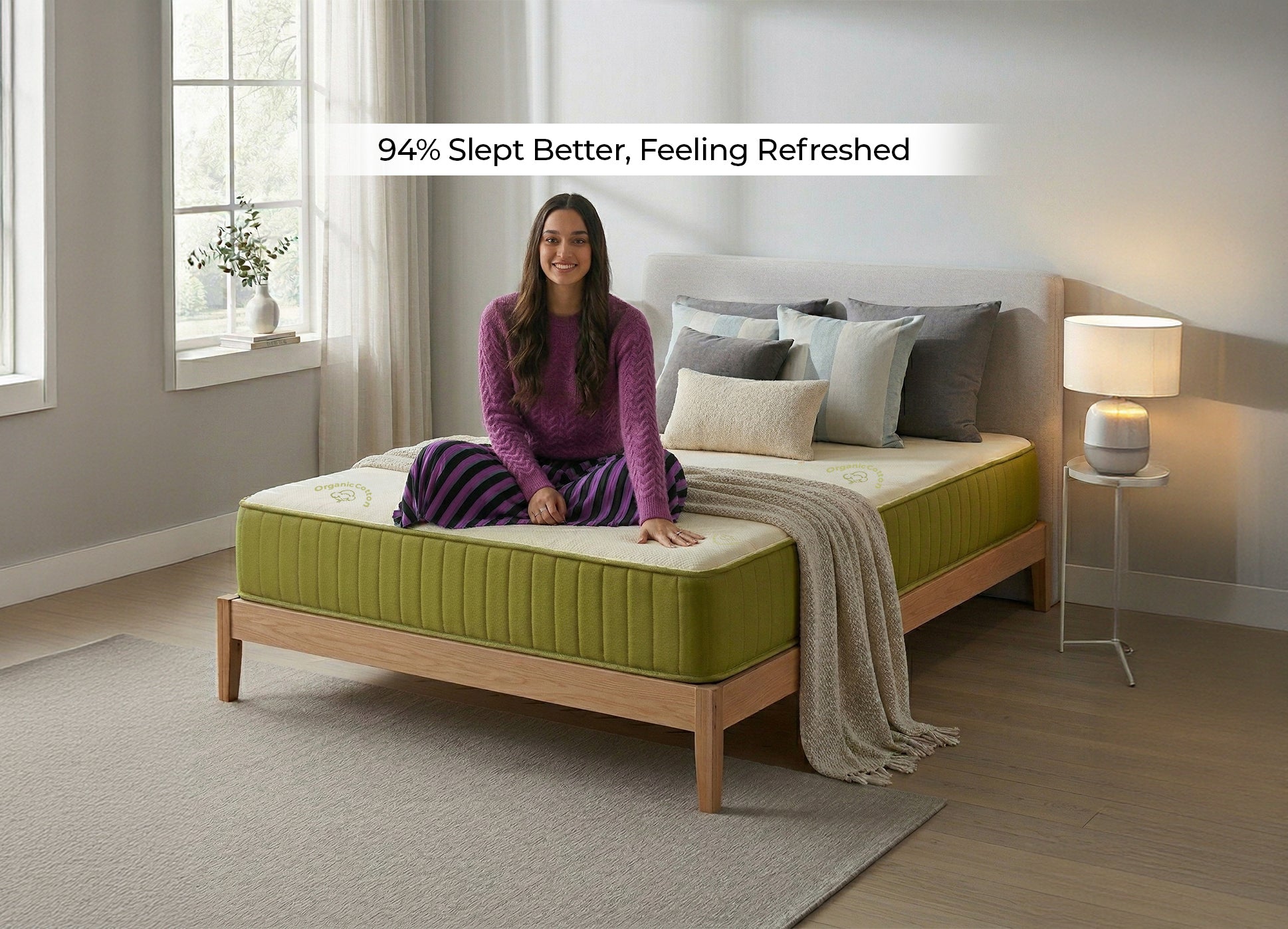Woman Sitting on Morning Owl Superia Organic Latex Mattress Feeling Refreshed – Best Mattress India