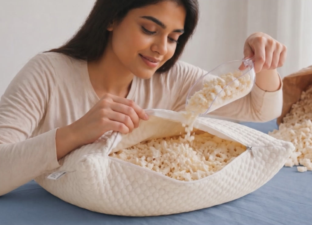 Morning Owl Shredded Natural Latex Pillow – Woman Adding Shredded Latex Filling into Pillow Showing Customizable Firmness Feature – Adjustable Natural Latex Pillow India