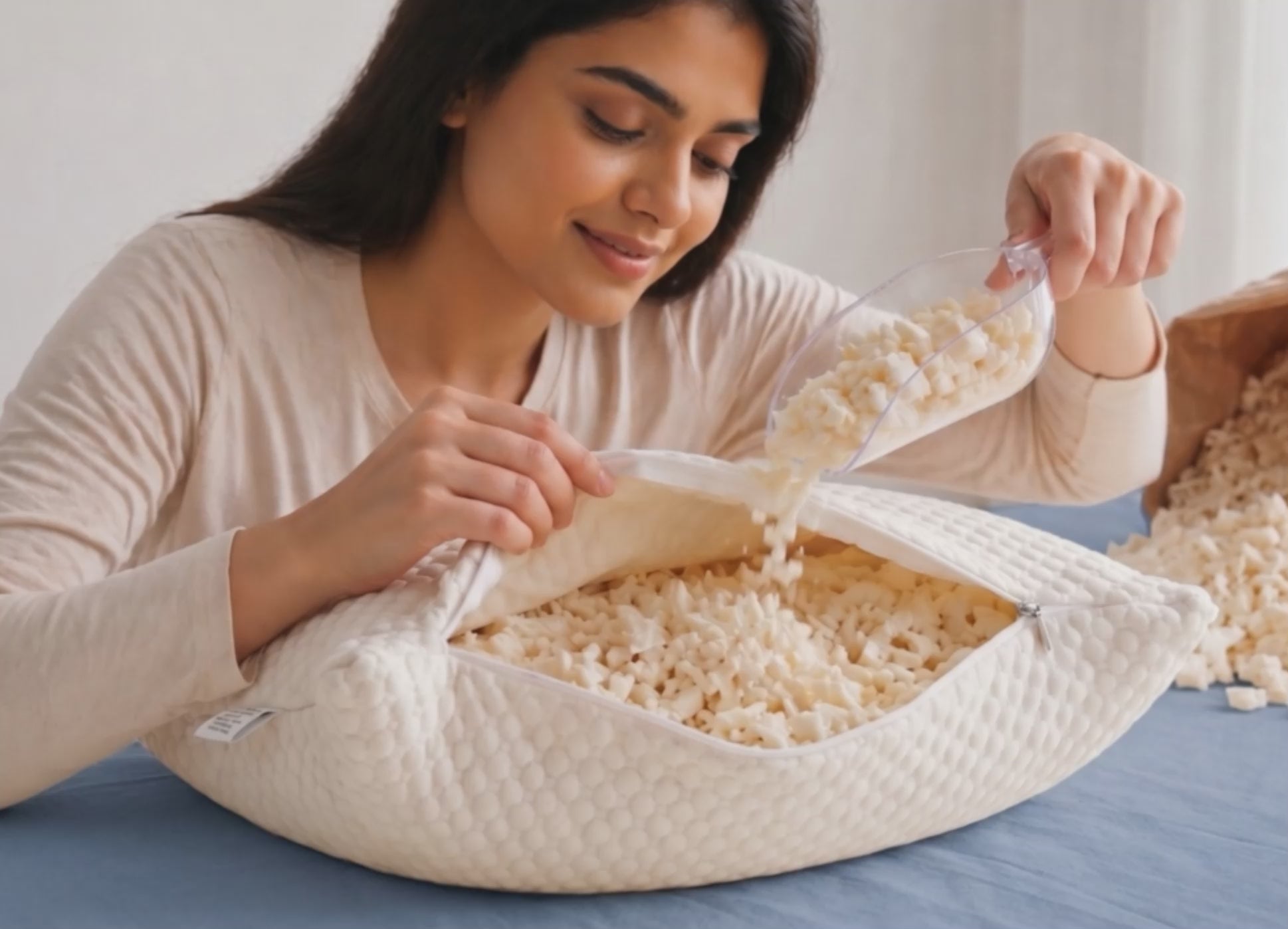 Morning Owl Shredded Natural Latex Pillow – Woman Adding Shredded Latex Filling into Pillow Showing Customizable Firmness Feature – Adjustable Natural Latex Pillow India